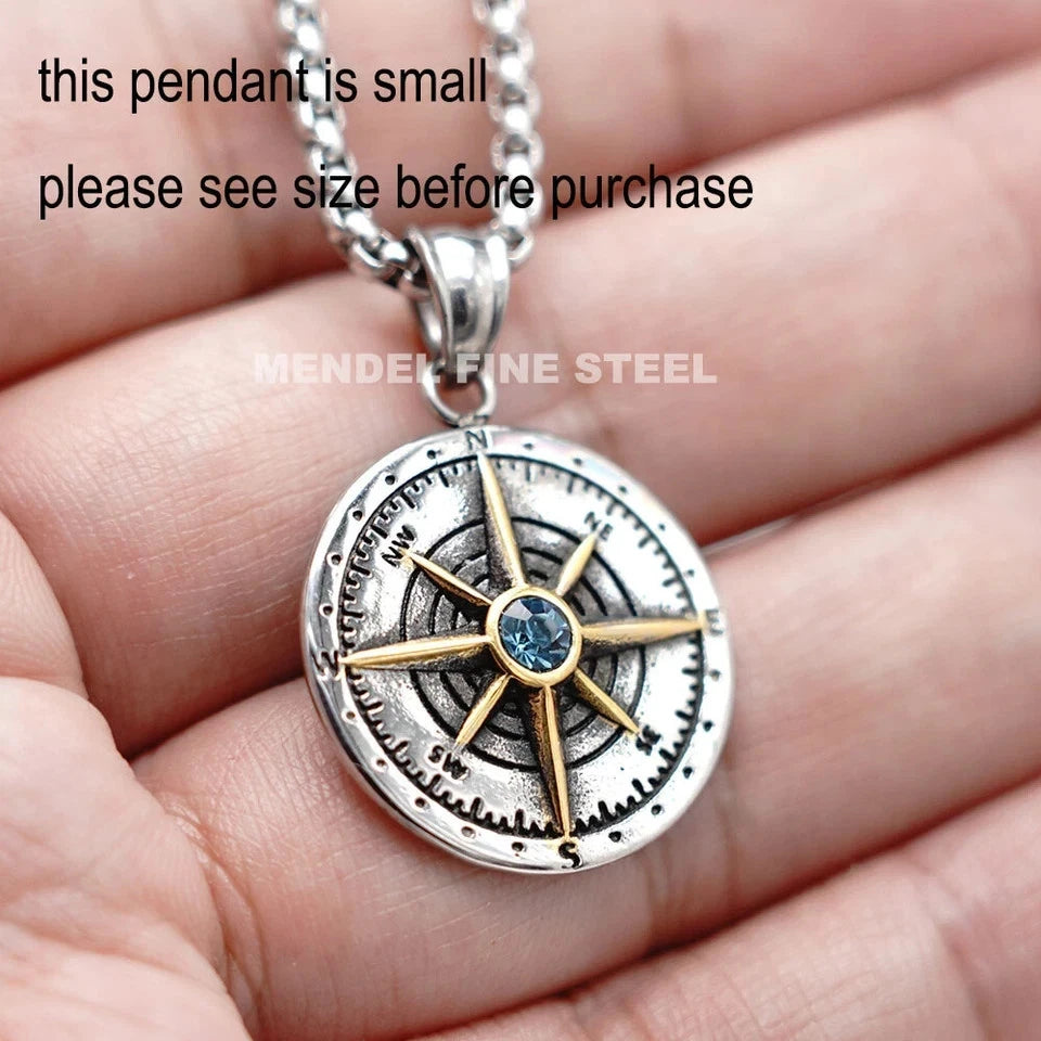 MENDEL Mens Womens Blue CZ Stone Nautical North Star Compass Pendant Necklace