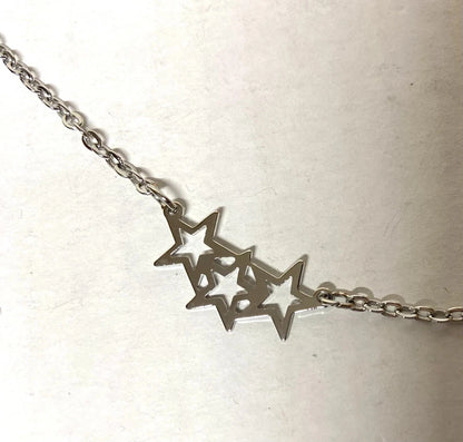 Silver Tone Triple Star Station Chain Necklace -18” long, 3 sets of stars