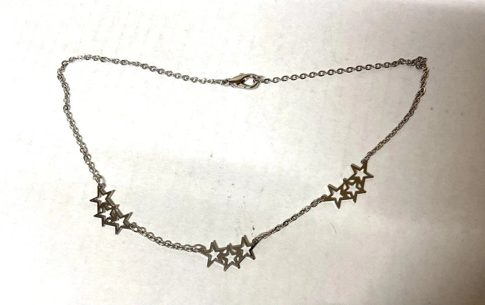 Silver Tone Triple Star Station Chain Necklace -18” long, 3 sets of stars