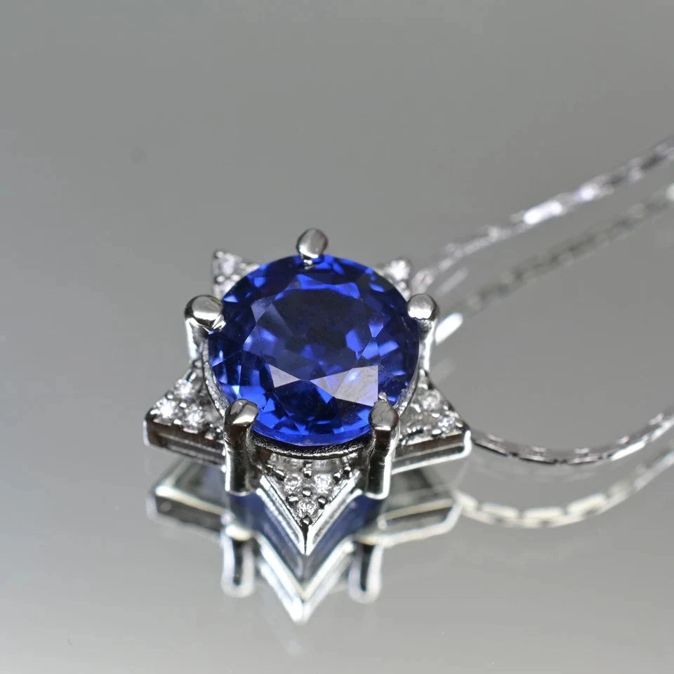 Certified 22 Ct Natural Round Blue Sapphire Pendant – Star Design in 925 Silver