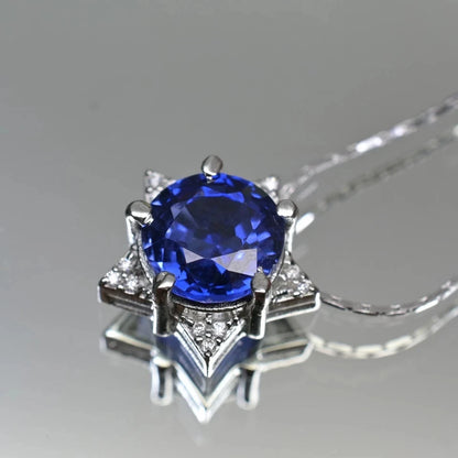 Certified 22 Ct Natural Round Blue Sapphire Pendant – Star Design in 925 Silver