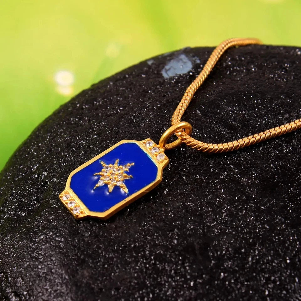 925 Sterling Silver CZ Stone Pendant Star Blue Enamel Necklace Jewelry For Her