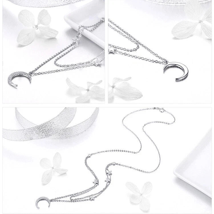 BAMOER S925 Sterling Silver necklace chain Moon&stars With CZ For Women Jewelry