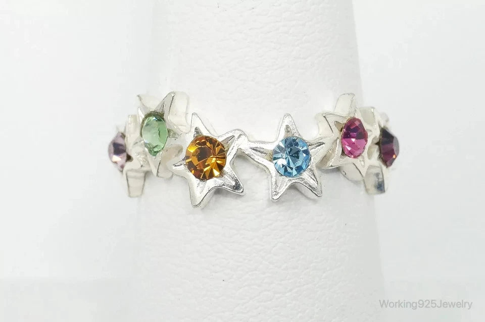 Vintage Multi Color Crystals Stars Sterling Silver Ring - Size 7.25