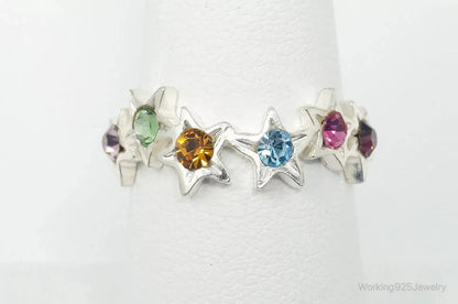 Vintage Multi Color Crystals Stars Sterling Silver Ring - Size 7.25