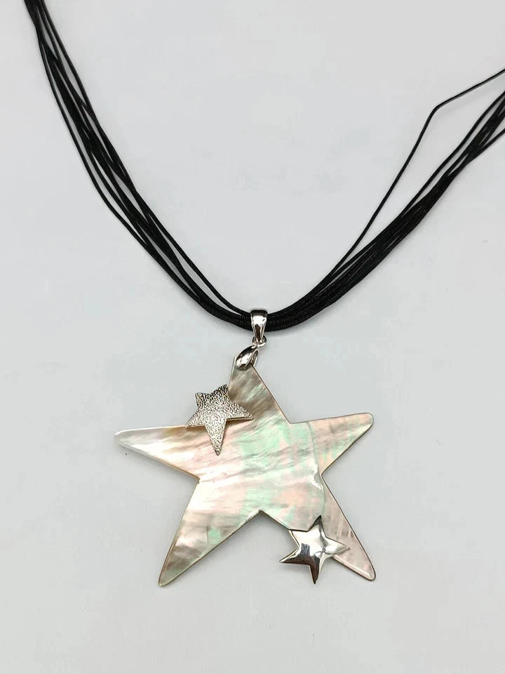 Woman Necklace Pendant Star Mother of Pearl White Pearls Silver and Steel