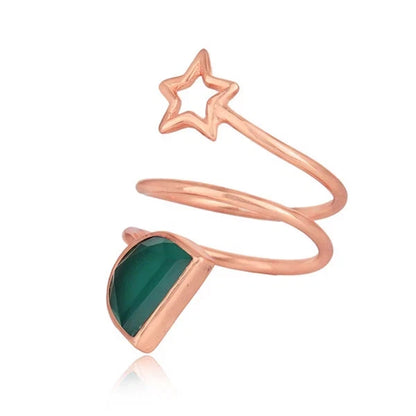 Green Onyx Gemstone Star Designer Rose Gold Plated 925 Silver Ring Jewelry