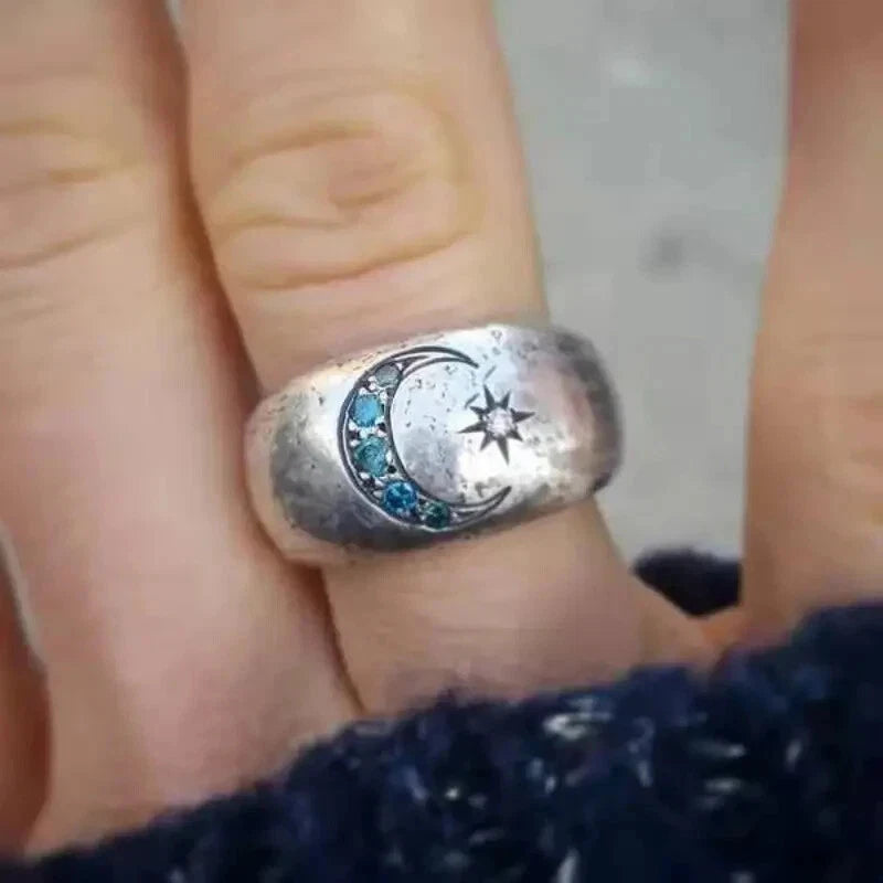 Woman's Silver Toned Moon & Star Ring Size 8