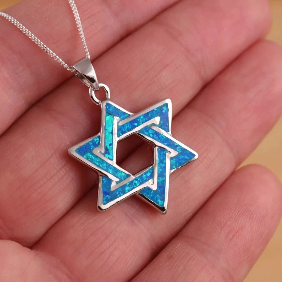 Solid 925 Sterling Silver Blue Opal Large Star of David Pendant Necklace Chain