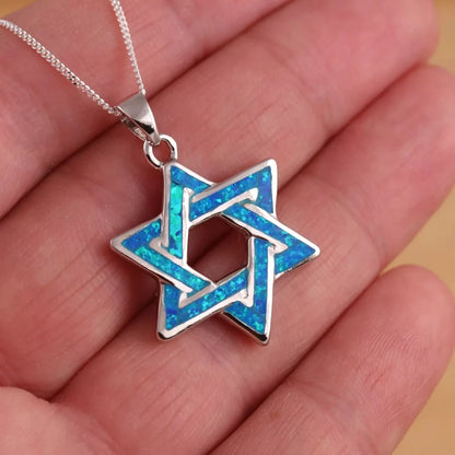Solid 925 Sterling Silver Blue Opal Large Star of David Pendant Necklace Chain