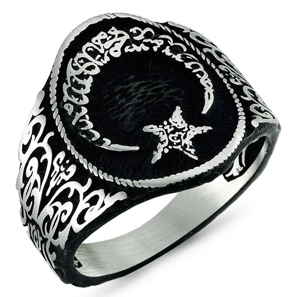 Solid 925 Sterling Silver Crescent Moon Star the Word Tawheed Islamic Men's Ring