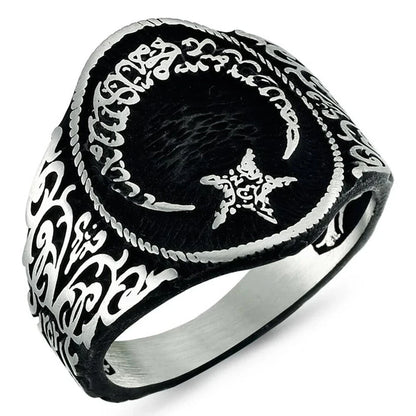 Solid 925 Sterling Silver Crescent Moon Star the Word Tawheed Islamic Men's Ring