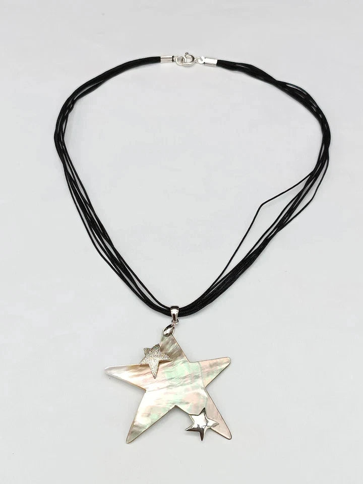 Woman Necklace Pendant Star Mother of Pearl White Pearls Silver and Steel