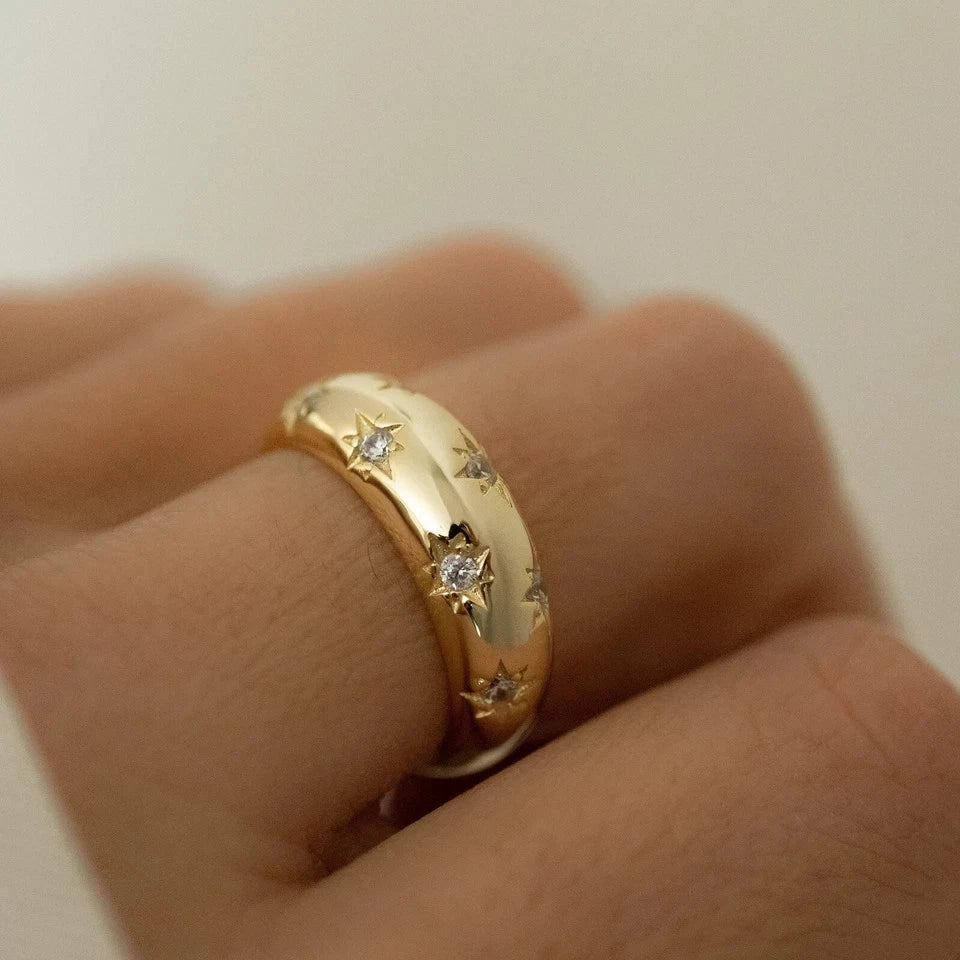 925 Sterling Silver Gold plated Dome Ring, Star Ring, Celestial Jewelry