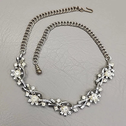 Vintage Star Brand Flower Rhinestone Necklace Clear Silver Tone 17"