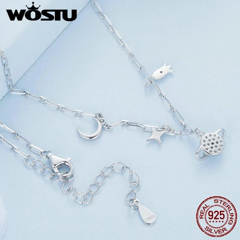 Wostu 925 Sterling Silver Star Moon Rocket Necklace Chain Wedding Women Gift