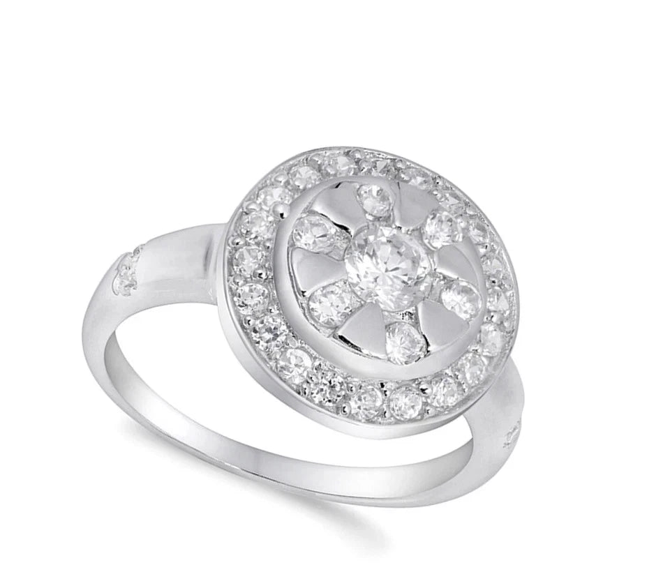 Round Star Dial Clear CZ Promise Ring New .925 Sterling Silver Band Sizes 5-9