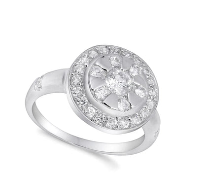 Round Star Dial Clear CZ Promise Ring New .925 Sterling Silver Band Sizes 5-9