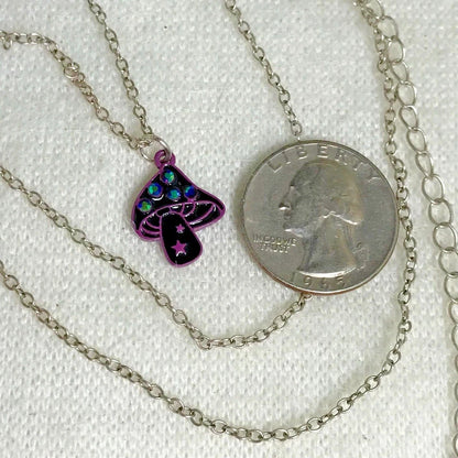 Black Toadstool on a Silver Tone Necklace w/ Rhinestones & Purple Stars - 18"