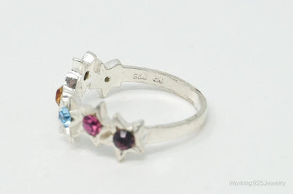 Vintage Multi Color Crystals Stars Sterling Silver Ring - Size 7.25