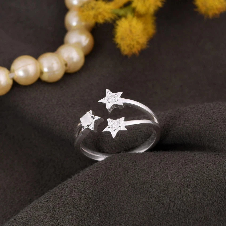 Trillion Star Stackable Ring in Sterling Silver With CZ & Moonstone Gift For Her