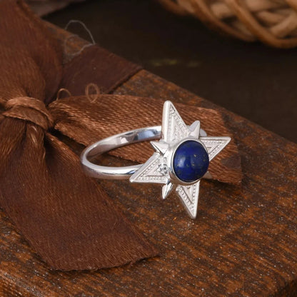 Twinkle Star Sterling Silver Ring With Lapis Lazuli Mother's Day Gift For Mom