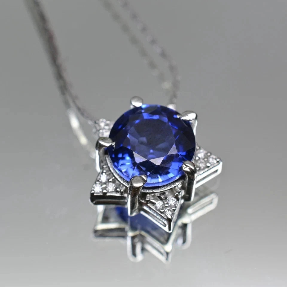 Certified 22 Ct Natural Round Blue Sapphire Pendant – Star Design in 925 Silver