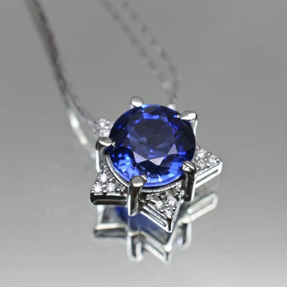 Certified 22 Ct Natural Round Blue Sapphire Pendant – Star Design in 925 Silver
