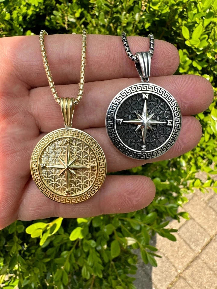 Real 925 Silver / 14k Gold Plated North Star Compass Medallion Pendant Necklace
