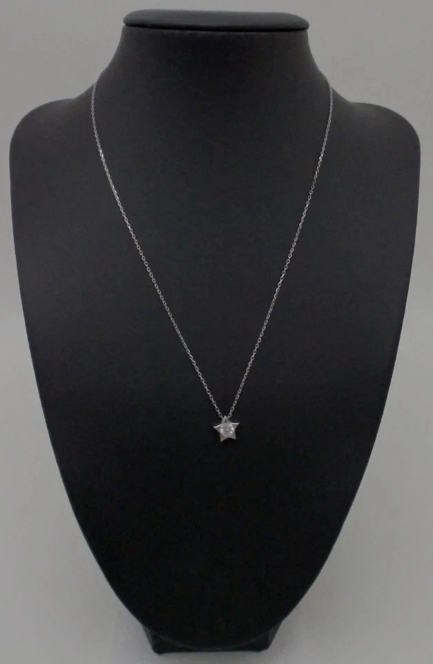 925 Silver Stone Detailed Star Pendant Necklace Sterling Silver CZ 18"