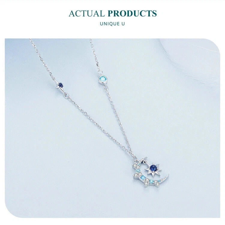 Share BAMOER 925 Sterling Silver Moon Star Burst Necklace Women Wedding Jewelry