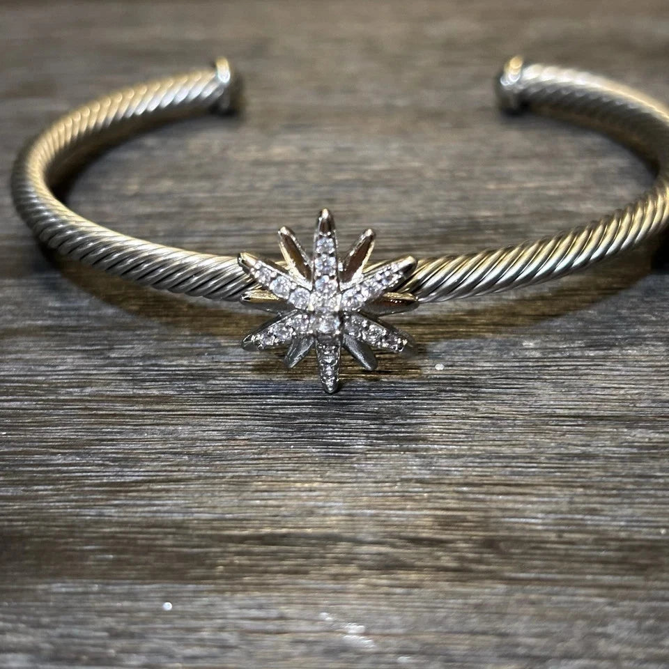 Silver Cable Bracelet, Sunburst Star Open Cuff 4mm Bangle, Crystal Rhinestones