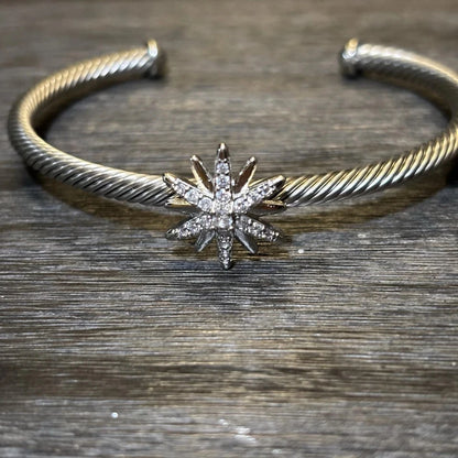 Silver Cable Bracelet, Sunburst Star Open Cuff 4mm Bangle, Crystal Rhinestones