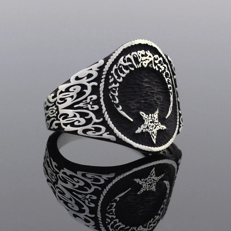 Solid 925 Sterling Silver Crescent Moon Star the Word Tawheed Islamic Men's Ring