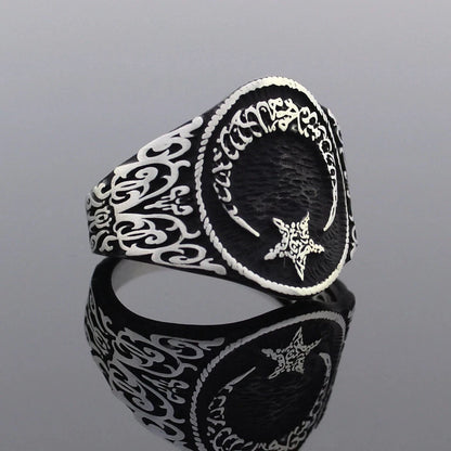 Solid 925 Sterling Silver Crescent Moon Star the Word Tawheed Islamic Men's Ring