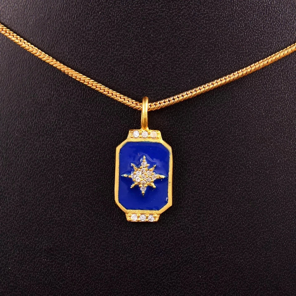 925 Sterling Silver CZ Stone Pendant Star Blue Enamel Necklace Jewelry For Her