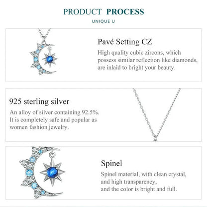 Share BAMOER 925 Sterling Silver Moon Star Burst Necklace Women Wedding Jewelry