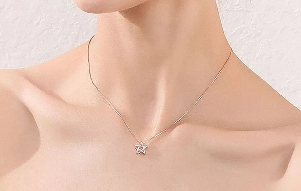 925 Sterling Silver CZ Bling Hexagon Lucky Star Chain Necklace Women 16" -18"