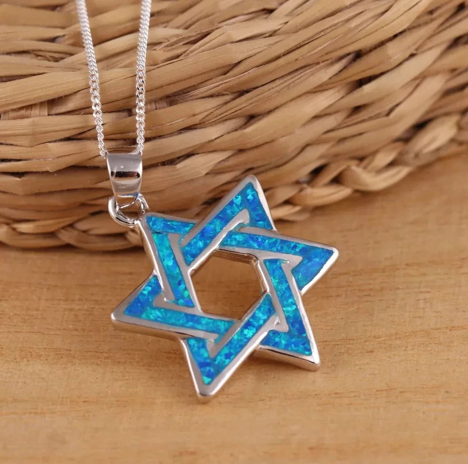 Solid 925 Sterling Silver Blue Opal Large Star of David Pendant Necklace Chain