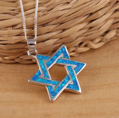 Solid 925 Sterling Silver Blue Opal Large Star of David Pendant Necklace Chain